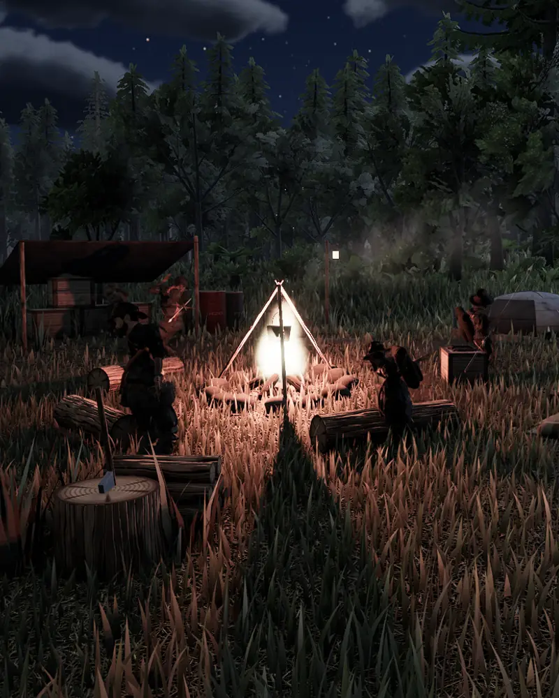 Captura del juego: campamento de supervivientes humanos en la selva al anochecer