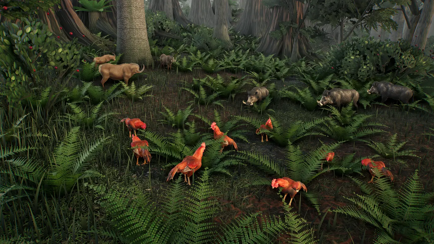 Captura del juego: gallos de la jungla, jabalíes y cabras entre los helechos de la selva