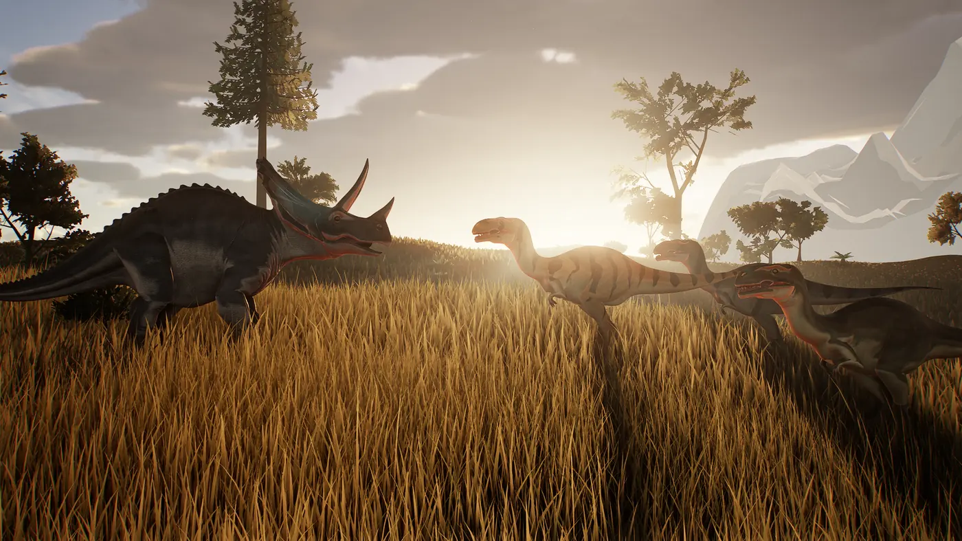 Captura del juego: una manada de utahraptors ataca a un tenontosaurus herido en la pradera