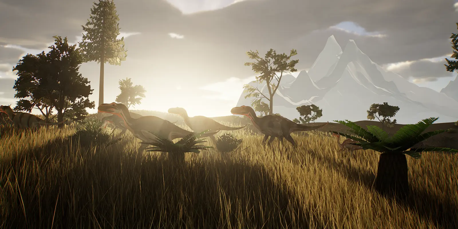Captura del juego: una manada de herbívoros cruza una pradera dorada mientras el sol de la tarde atraviesa el bosque