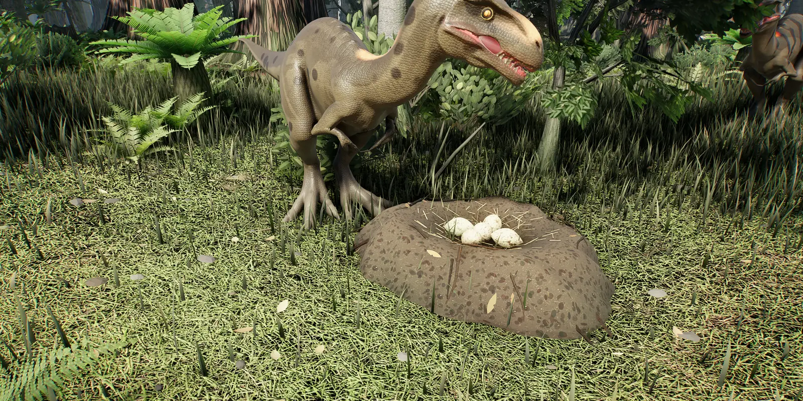 Captura del juego: un dinosaurio vigila su nido con huevos en el suelo de la selva