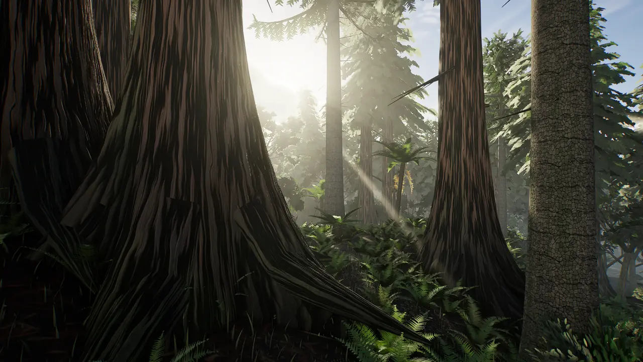 Captura del juego: rayos de sol de la mañana entre los troncos gigantes del bosque