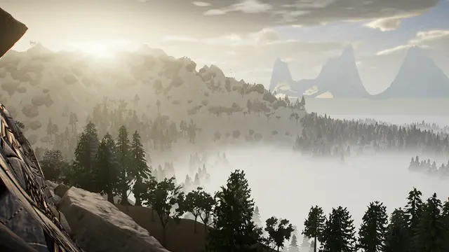 Captura del juego: bancos de niebla sobre el valle al amanecer