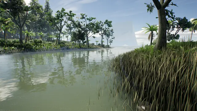 Captura del juego: un río tranquilo bordeado de palmeras y hierba alta