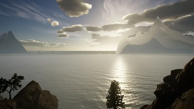 Captura del juego: el mar abierto a contraluz, con montañas en el horizonte